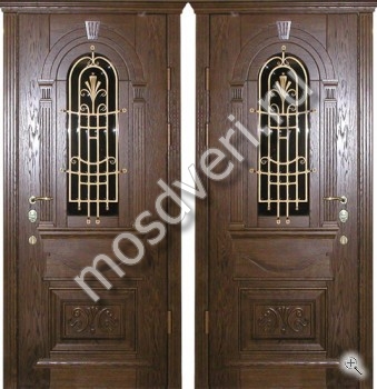 Входная парадная дверь из массив орехового цвета со стеклом и ковкой - купить от производителя Мосдвери Входная парадная дверь из массив орехового цвета со стеклом и ковкой